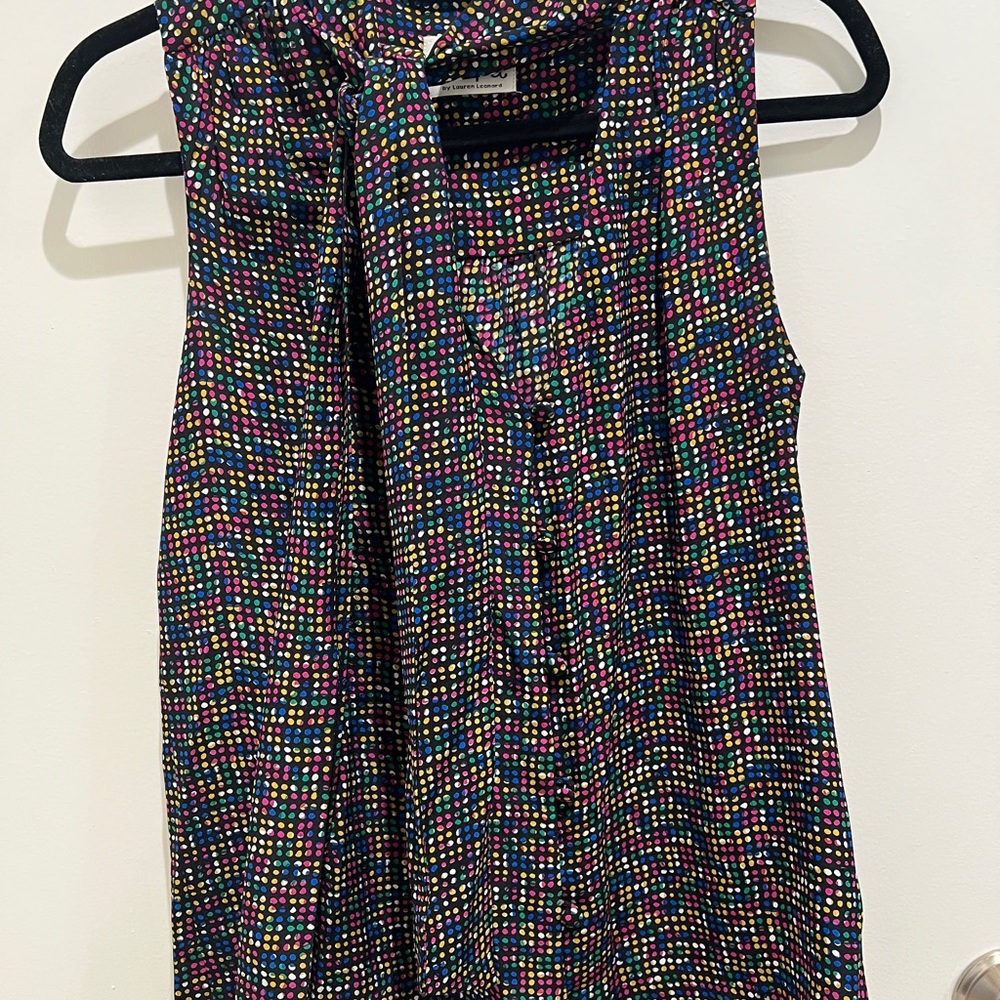 Leona Multi-Color Dot Sleeveless Blouse with Tie Collar 100% Silk